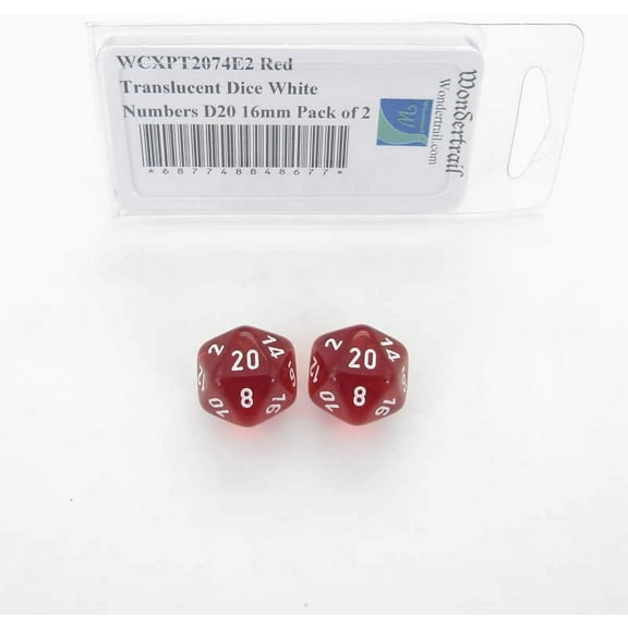 Red Translucent Dice with White Numbers D20 Aprox 16mm (5/8in) Pack of 2 Wondertrail