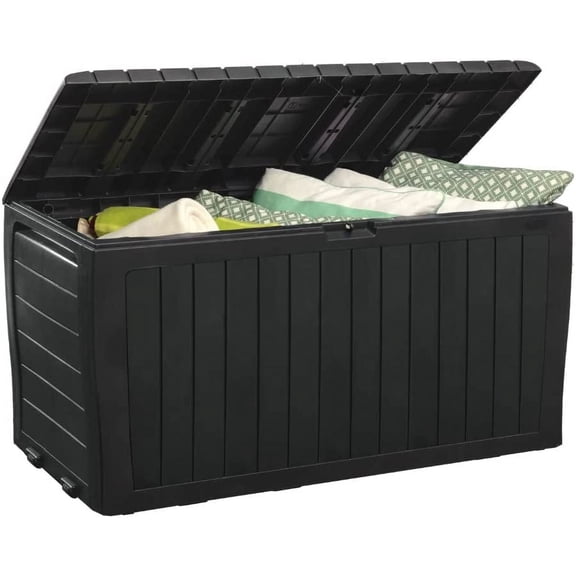 Plus 71 Gallon Resin Deck Box - Organization and Storage for Furniture Outdoor Cushions, Throw Pillows, Garden Tools and Pool Toys, Dark Grey
