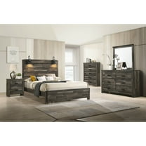 Rustic Brown Finish Queen Size 5Pc Built in Light Platform Bed Set Wooden Bedroom Furniture HS Brand