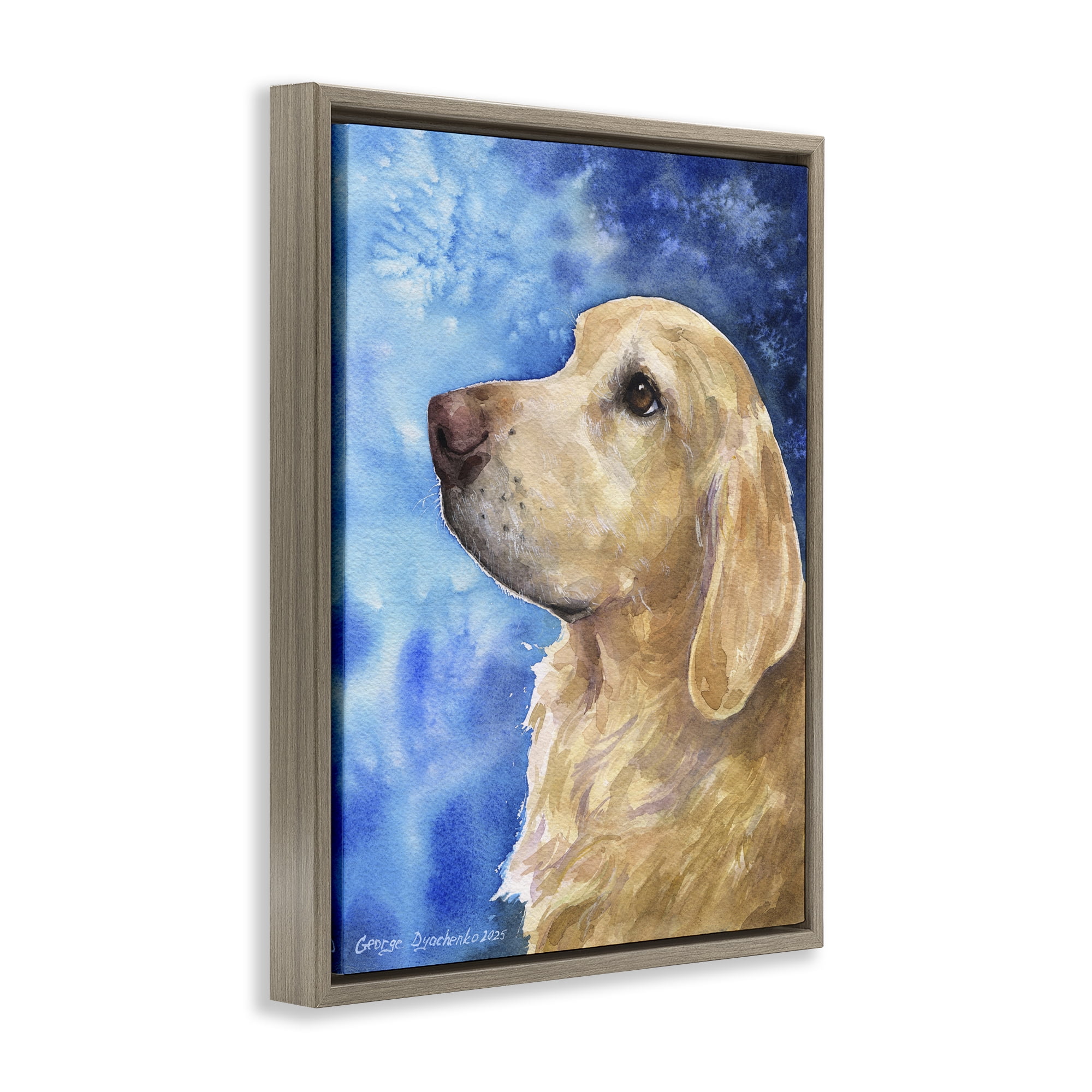 Stupell Industries Golden Retriever Portrait on Azure Brown Framed Floater Canvas Wall Art, design by George Dyachenko
