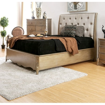 1pc Eastern King Size Bed Bedroom Furniture Leatherette Padded Tufted Headboard Gold Finish Nailhead Trim Solid Wood Bedframe