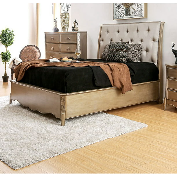 1pc California King Size Bed Bedroom Furniture Leatherette Padded Tufted Headboard Gold Finish Nailhead Trim Solid Wood Bedframe Walmart Com Walmart Com
