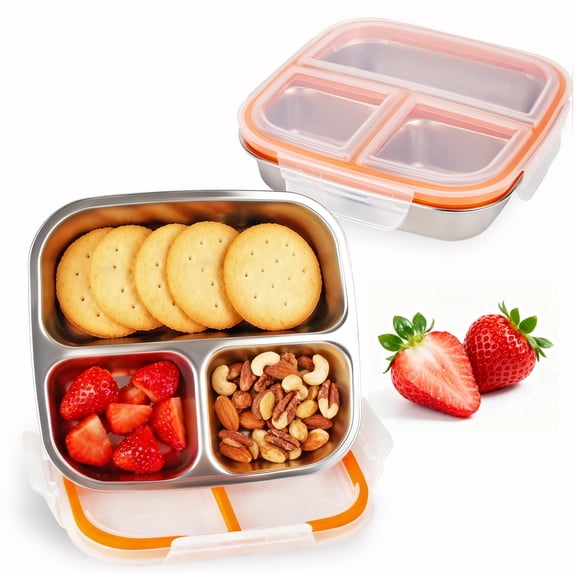 Stainless Steel Snack Containers with Lids, 3 Compartment Snackle Box Container for Adults, Bento Box for Meal Prep & Work – Reusable (Orange, 600ml)