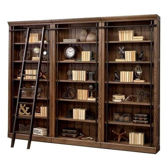 Maklaine Tall Wood Bookcase Wall with Ladder Storage Organizer in Brown