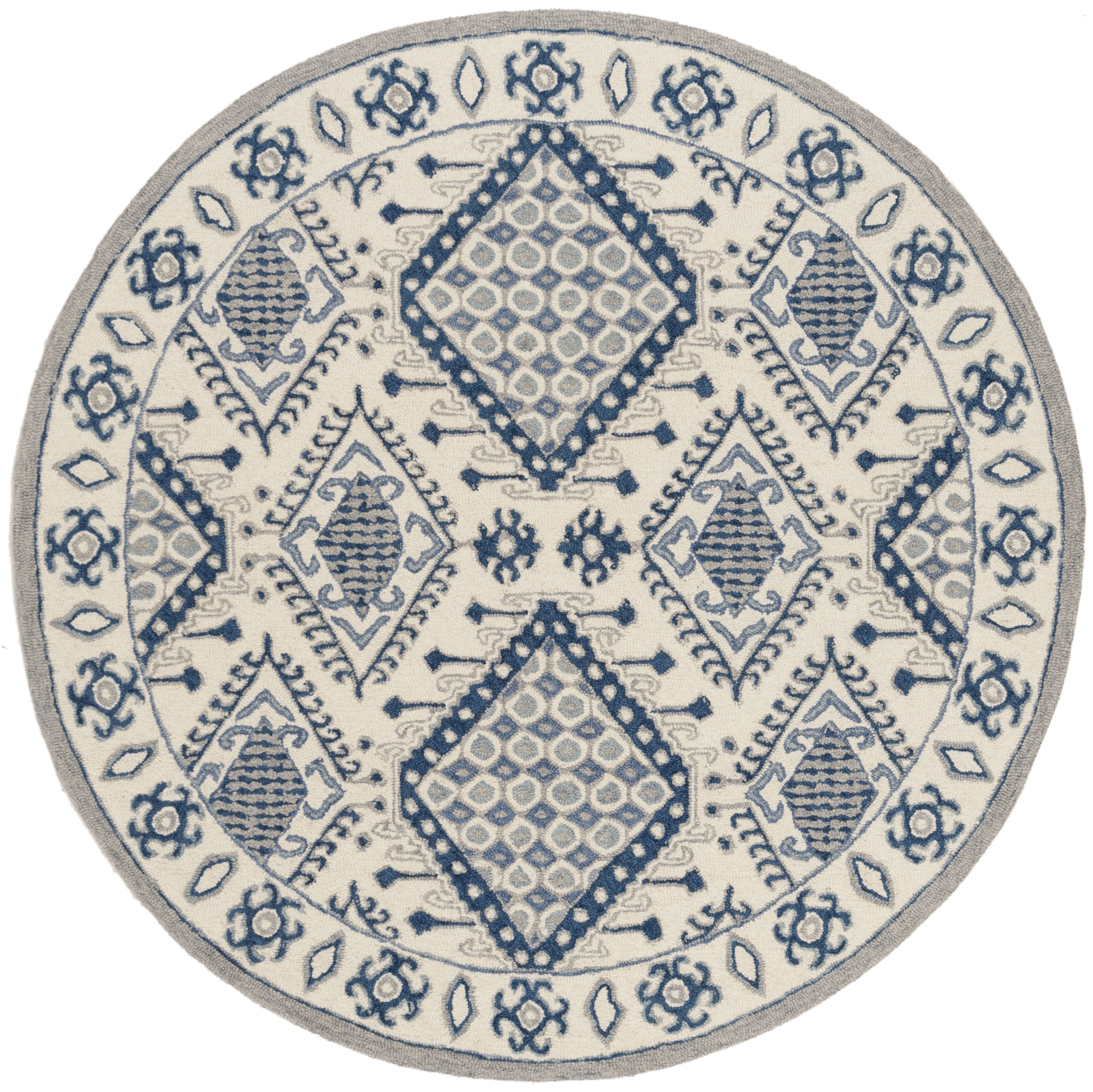 SAFAVIEH Micro-Loop Jolene Geometric Wool Area Rug, Ivory/Blue, 5' x 5' Round