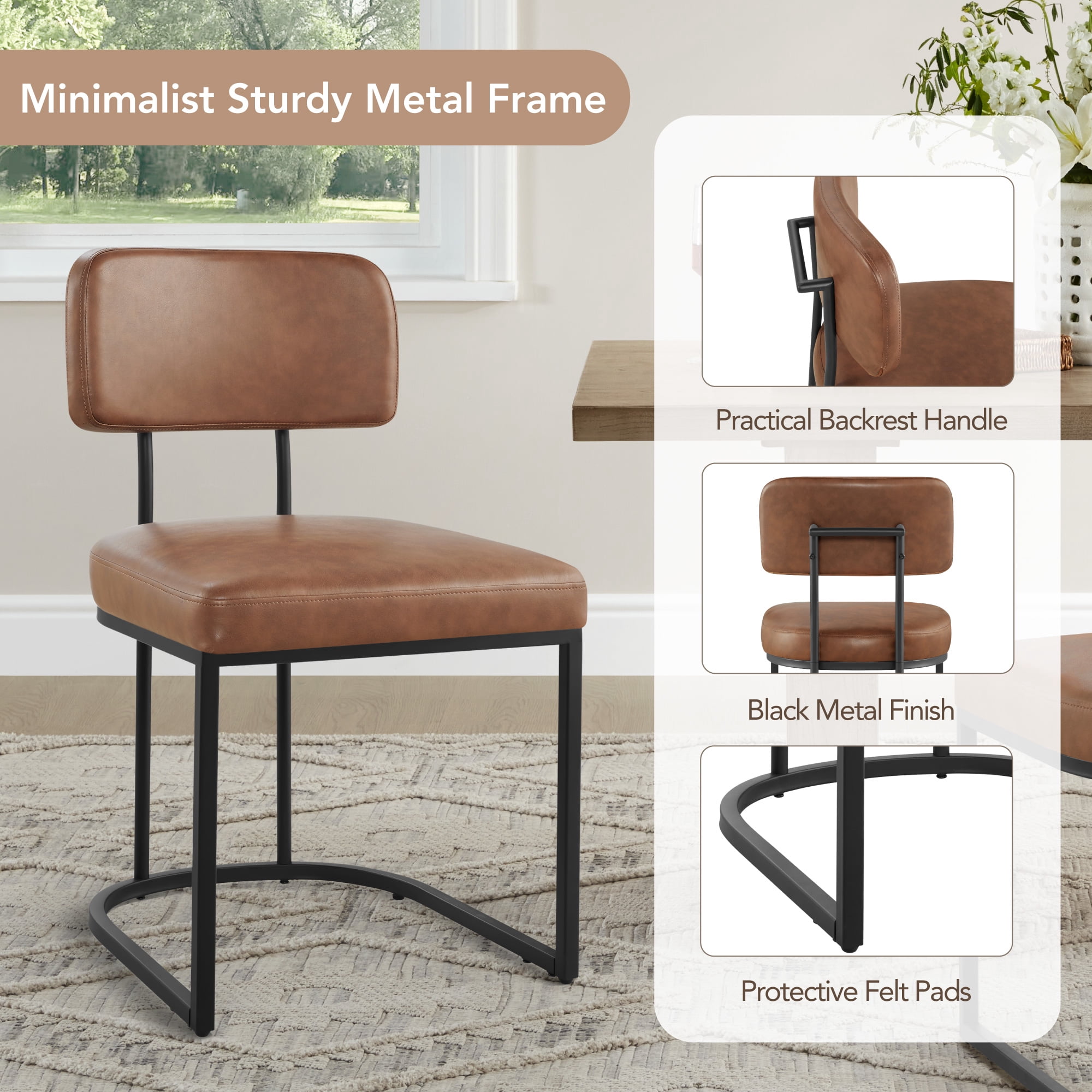 Spruce & Spring Modern Low-Back Metal Dining Chair with Upholstered Seat Set of 2, Brown&Black Metal Frame
