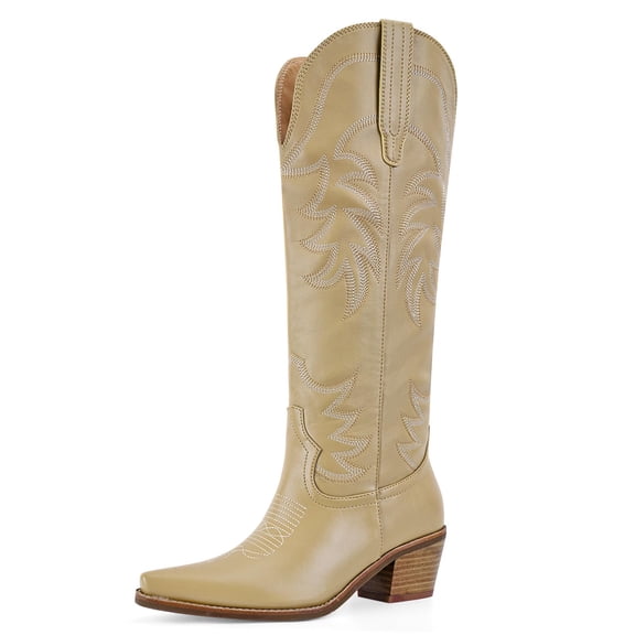 VBDB Women’s Cowboy Western Boots, Floral Embroidered Knee High Cowgirl Boots, Pointed Toe Chunky Block Heel Faux Leather Tall Boots for Country Concert Rodeo Festival