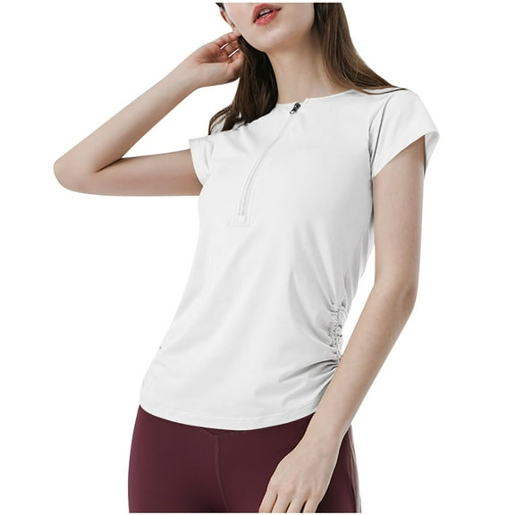 Annhoo Womens Tops Zipper Crew Neck Short Sleeve Shirts Tie Side Casual Summer Blouse Daily Fashion Tees