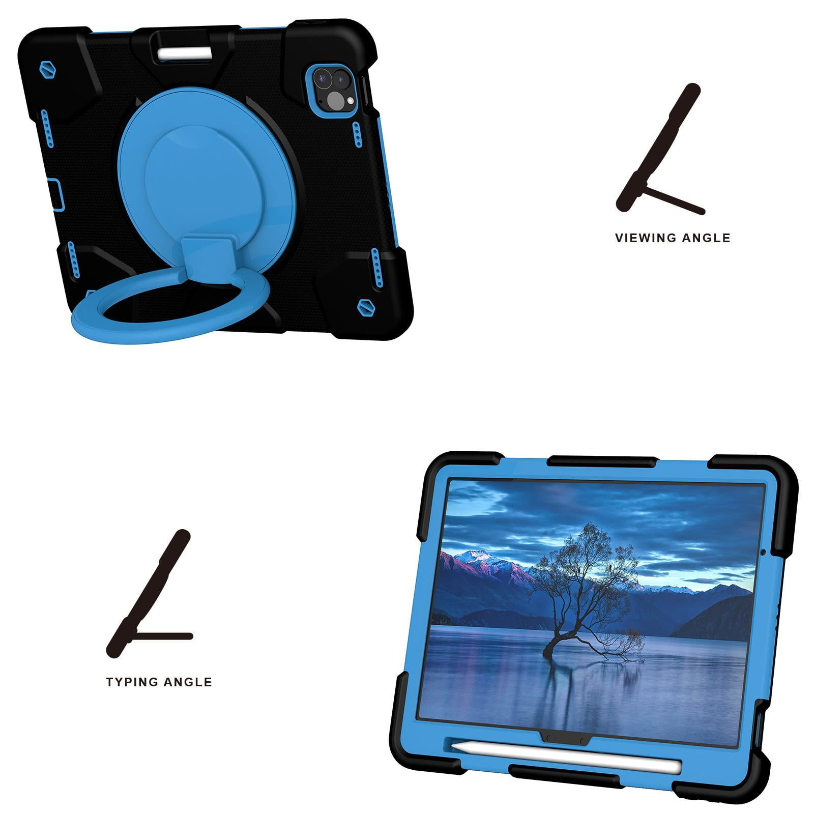 ELEHOLD Military Grade Shockproof Case For Apple iPad Air 11 (2024), Heavy Duty Protection Ring Stand Cover, Adjustable Angel, Detachable Shoulder Strap, Pencil Holder, Black+Blue