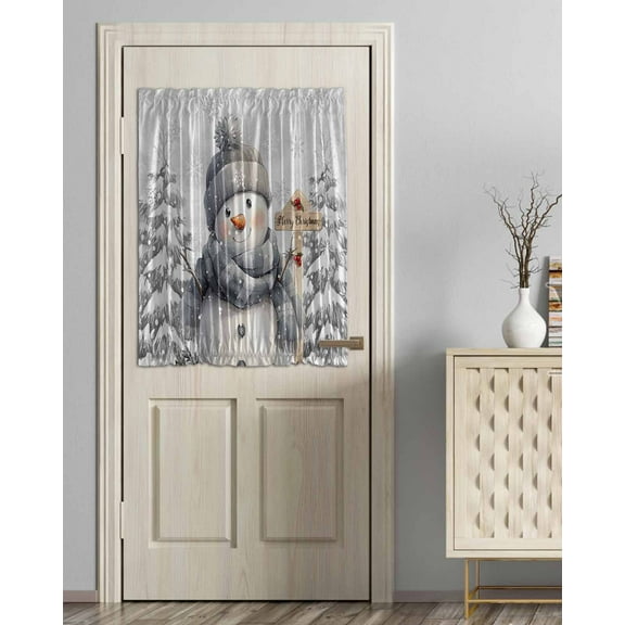 Grey Snowman Christmas Blackout Curtains, French Door Curtains for Door Window, Xmas Snowflake Tree Gray Privacy Drapery for Patio/Sidelight Doors, 1 Panel with Tieback, 54 x 40 Inches