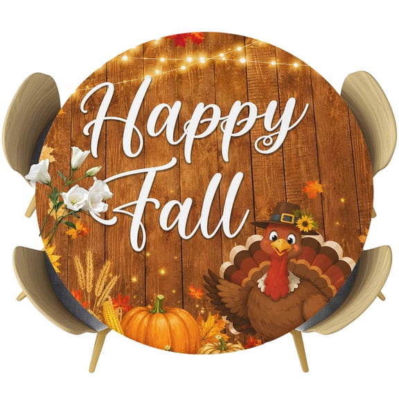 Round Table Cover 55-60 Inch Happy Fall Waterproof Reusable Table Cloth Round Fitted Vinyl Tablecloth with Elastic Edged for Parties Outdoors, Thanksgiving Turkey Pumpkins Maple Leaf Wooden