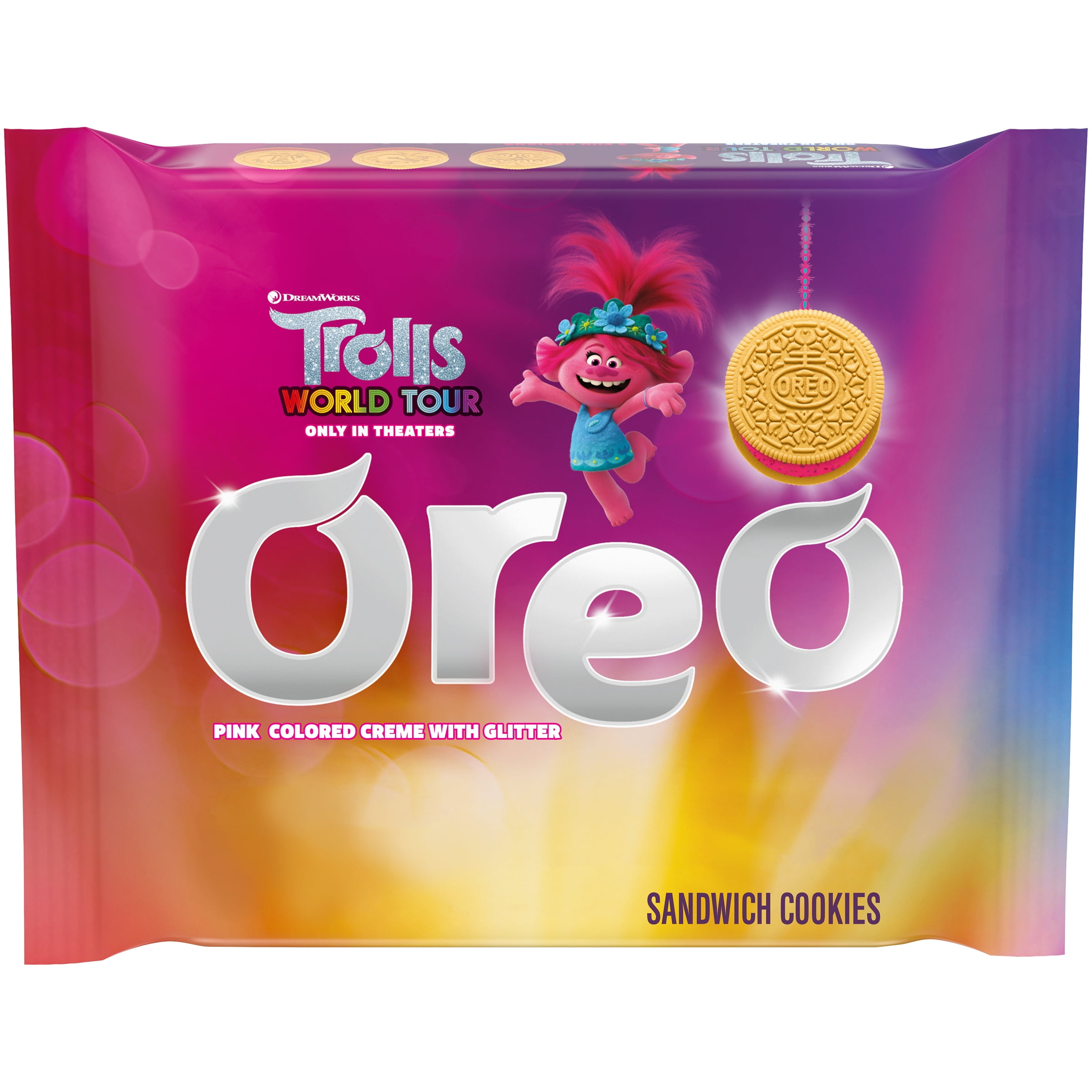 OREO Golden Sandwich Cookies, Pink Colored Creme with Glitter, Trolls
