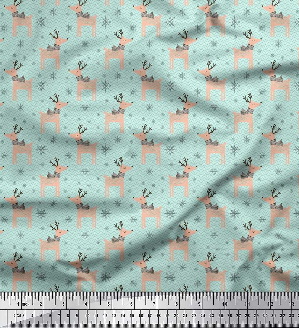Soimoi Green Cotton Voile Fabric Reindeer & Snowflake Christmas Print Fabric by the Yard 42 Inch Wide