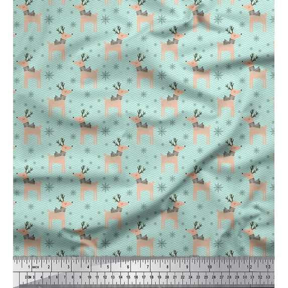 Soimoi Green polyester Crepe Fabric Reindeer & Snowflake Christmas Printed Craft Fabric by the Yard 52 Inch Wide