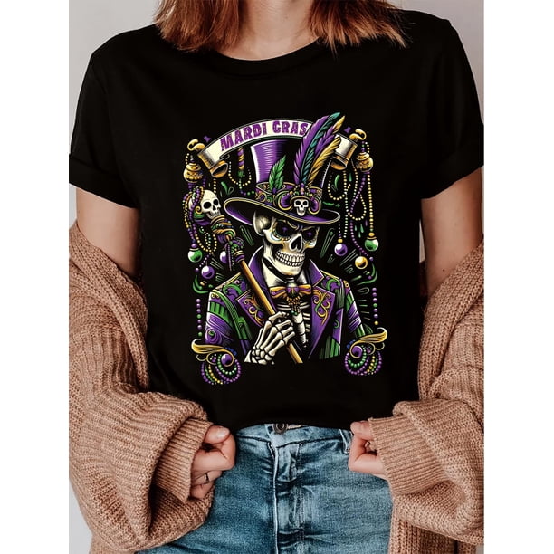 Camiseta para mujer Suave de veranoMardi Gras & Skeleton Print Crew Neck T-shirt, Polyester Casual Short-sleeved Round Neck T-shirt for WomenFather's Day, Mother's Day, New Year, Spring Festival, Va