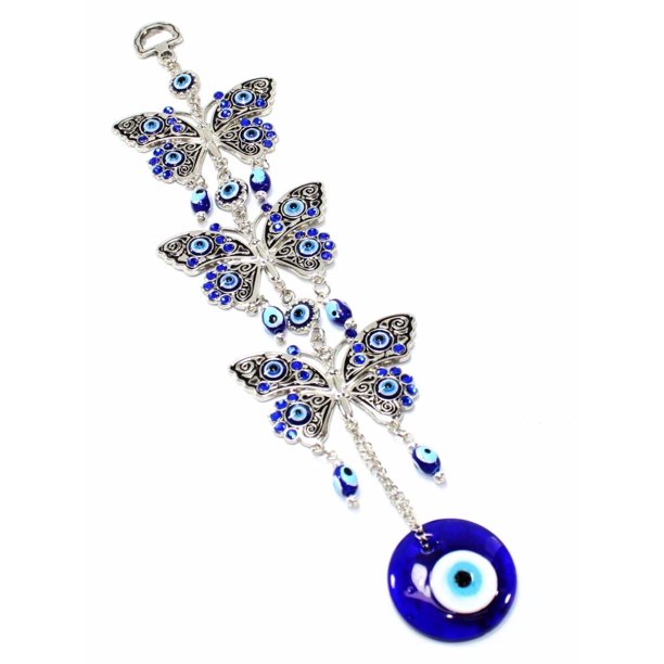 Blue Evil Eye 3 Butterflies Amulet Protection Wall Hanging Home Decor