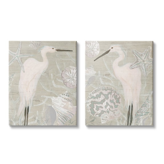 Stupell Industries White Heron Nautical Seashells Rustic Starfish Wildlife Graphic Art Gallery Wrapped Canvas Print Wall Art, Set of 2, Design by June Erica Vess