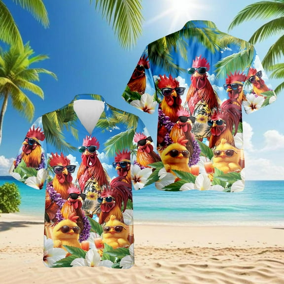 Funny Chicken Hawaiian Shirt for Men, Button Down Summer Beach Short Sleeve, Sizes S-5XL