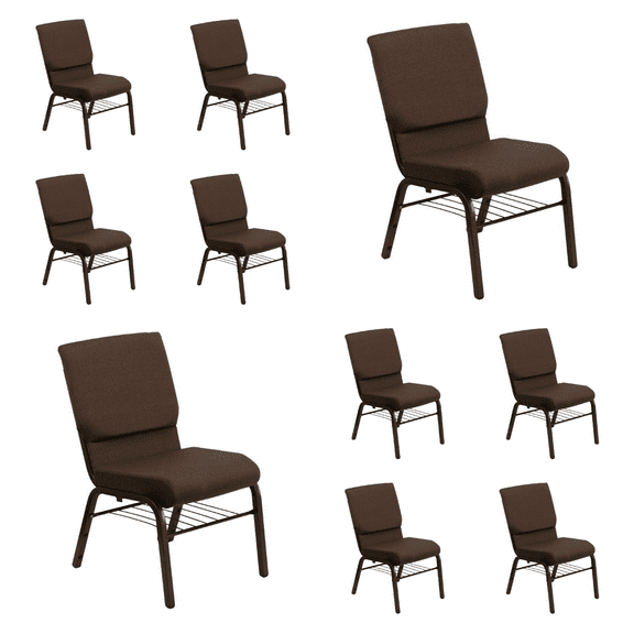 (10 PACK) 18.5'' Wide Brown Fabric Church Chair with Book Rack and Gold Vein Frame - Multipurpose Stackable Office Side Chair