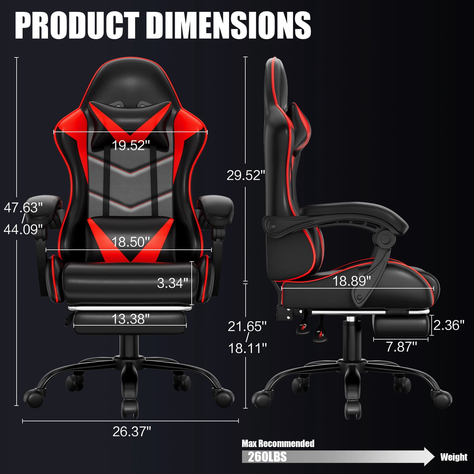 Czlolo Gaming Chair, Lumbar Massager Game Chairs, High Back Reclining, with Headrest Gamer Office Chair.(Red)