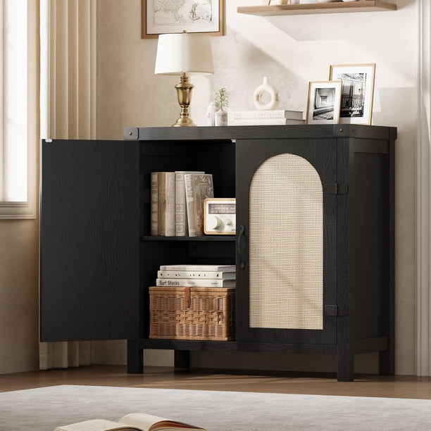 Chic estilo rural sideboard buffet: negra gabinete con rattan doors & wood legs