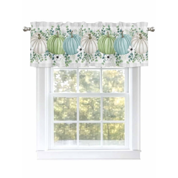 Thanksgiving Blue Valances for Windows Green Pumpkin Autumn Leaves Grey Plaid Kitchen Valance Curtain Rod Pocket Small Curtains for Cafe Bathroom Laundry Basement 54" x 18"