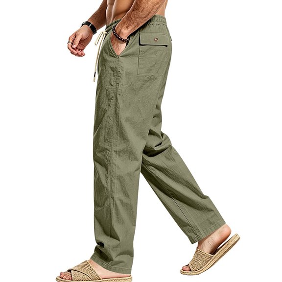 Jerdar Men's Linen Pants Elastic Waist Drawstring Multi Pockets Straight Leg Solid Color Lightweight Breathable Casual Summer Beach Vacation Trousers
