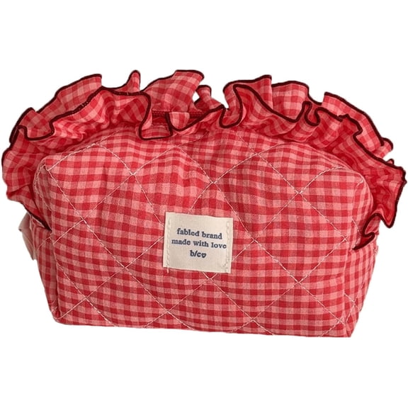 NCY Ruffle Pouch Quilted Gingham Pouches Large Cute Toiletry Bag Make up Organizer Lightweight Cosmetic Bags for Women Travel Daily Use(Red)