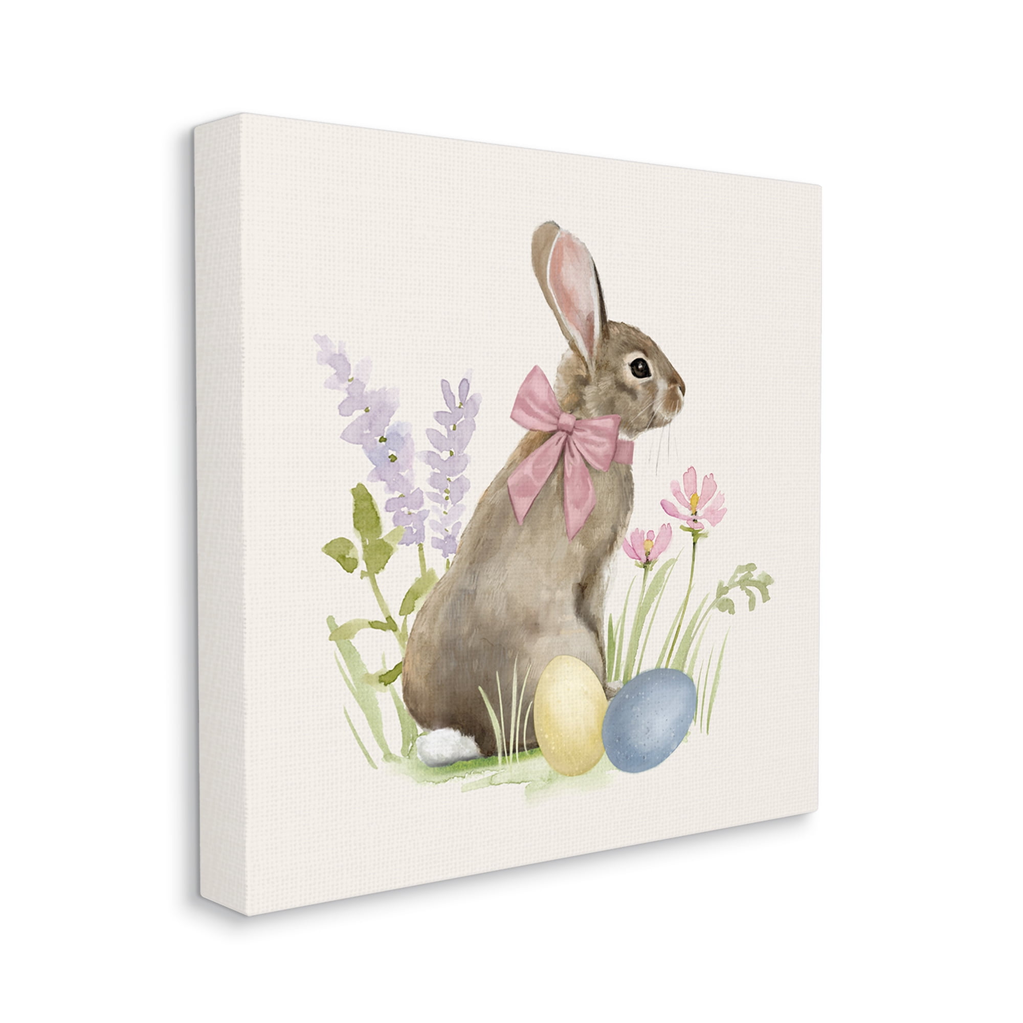 Easter Bunny Rabbit Bow Spring Flowers & Eggs Animals & Insects Painting Gallery-Wrapped Canvas Print Wall Art