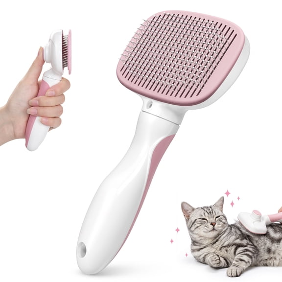 Euqvunn Self Cleaning Slicker Brush for Cats&Dogs, Skin Friendly Deshedding Grooming Brush, Removes Loose Fur & Tangles, Deshedding and Hair Removal for Long and Short Haired Pets,Pink-White
