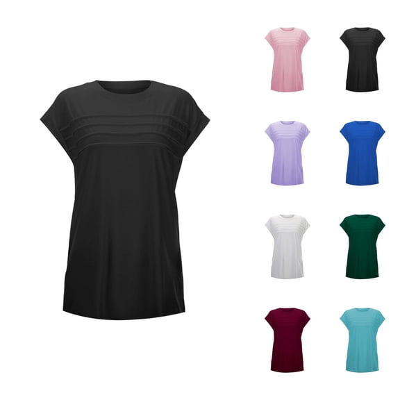 Womens T Shirts Summer Tops 2025 Cap Sleeve Crewneck Pleated Front Loose Fit Casual Tees Tshirts Shirts for Women