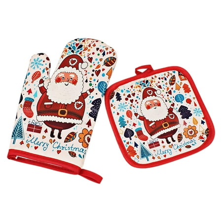 

BESTHUA Christmas Themed Oven Glove Set Kitchen Oven Mitten and Pot Holder with Christmas Patterns and Santas Image Heat Insulation and Heat Proof Glove