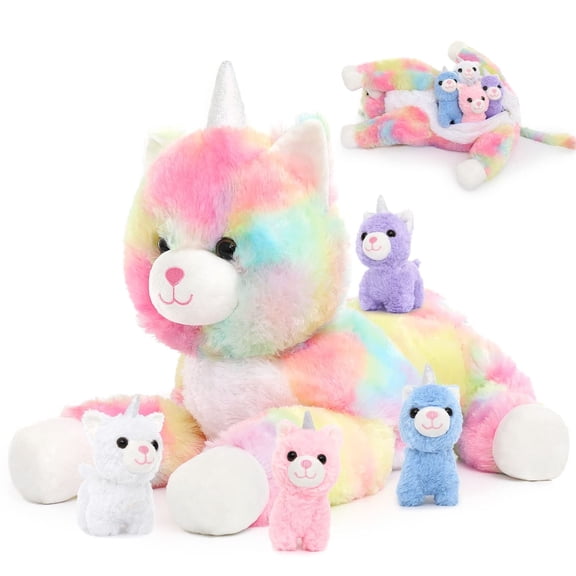 MaoGoLan 5pcs Cat Stuffed Animal 24" Stuffed Cat Toy Mommy Caticorn with 4 Kitties Plush Toy