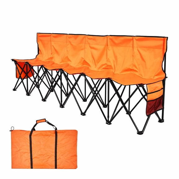 KFFKFF Portable Folding Bench, 6-Seat Collapsible Soccer Bench with Side Storage and Carry Bag, Lightweight Seating with Back Support for Sports, Camping, Outdoor Activities, Orange