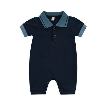 

Calsunbaby Infants Baby Boy Girl Romper Newborn Short Sleeve Lapel Design Neckline Button Contrast Color Boxer Summer Jumpsuit