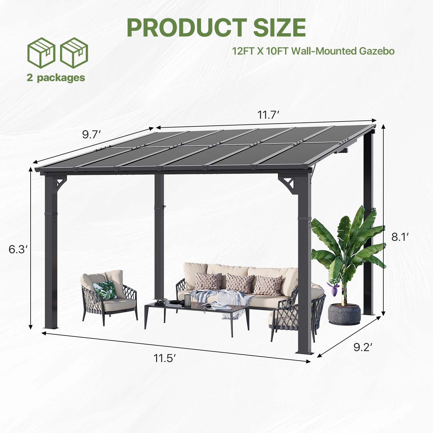 BaPiPro 12'x10' Hardtop Gazebo with Aluminum Frame & Polycarbonate Panel, Wall Mounted Gazebos Lean to Pergola, Outdoor Patio Grill Gazebo for Backyard, Garden, Deck