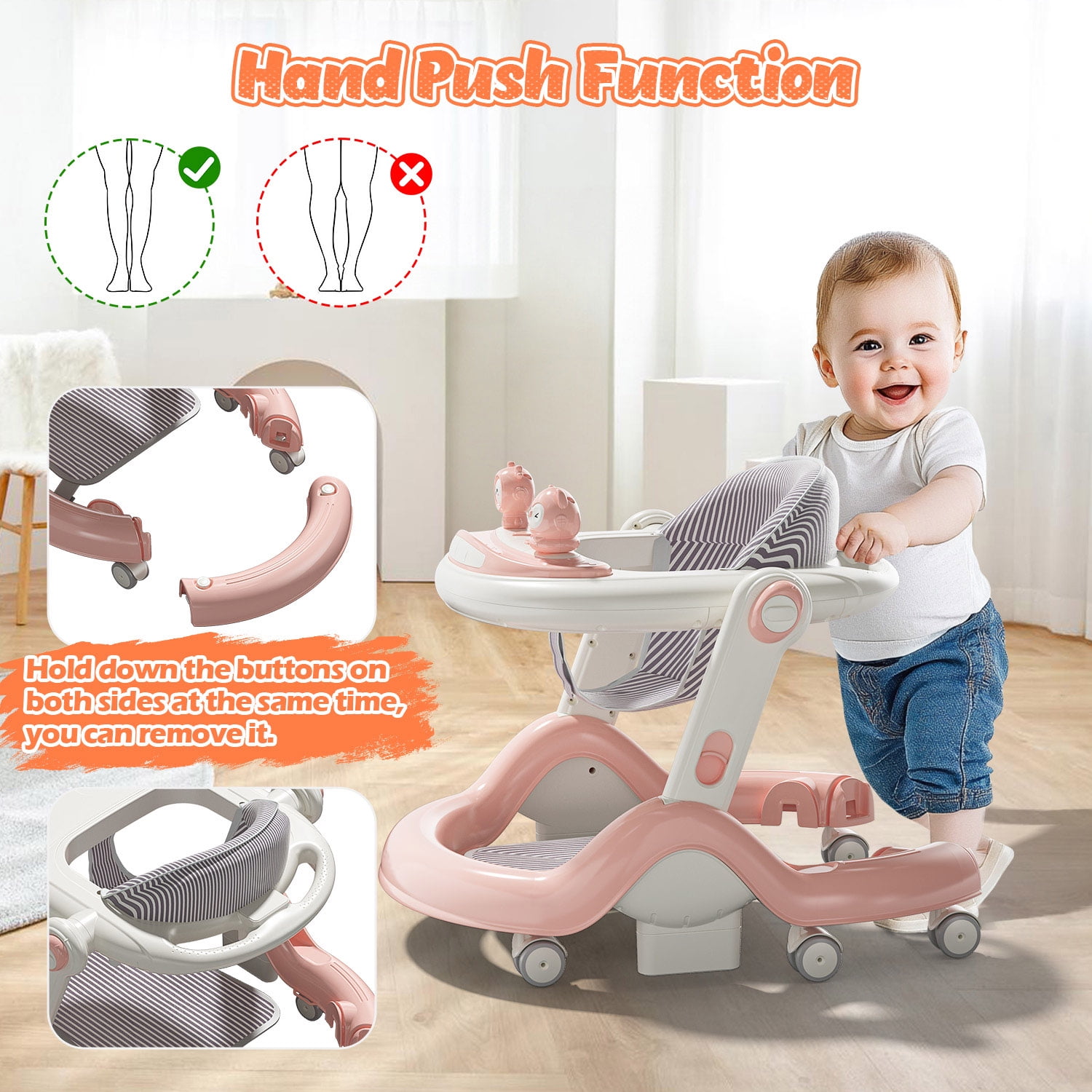 WonderStone 5 in 1 Baby Walker, Foldable Push Walker with Wheels, Music & Light, Baby Bouncer, Baby Activity Center for Boy Girl 6-12 Months (Pink)
