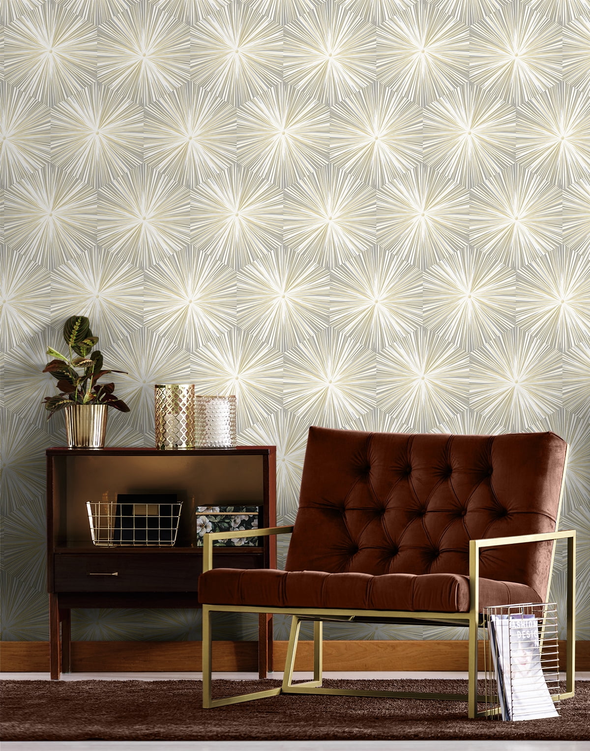 NextWall Grey & Metallic Gold Hex Starburst Peel and Stick Wallpaper