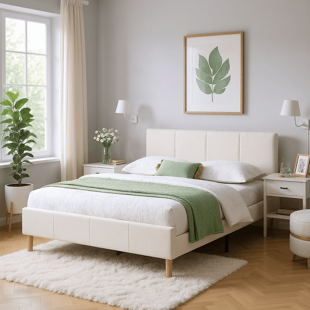 KING Size Platform Bed Frame with Adjustable Upholstered Headboard and Wood Slats Support