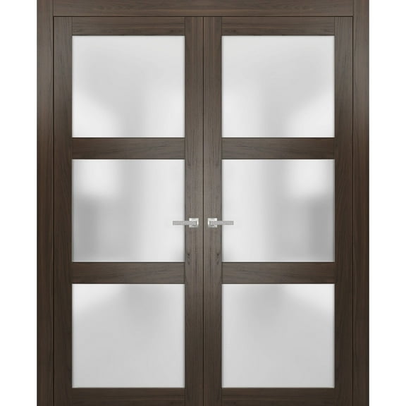 Solid French Double Doors 64 x 80 inches Frosted Glass | Lucia 2552 Chocolate Ash | Wood Solid Panel Frame Trims | Closet Bedroom Sturdy Doors