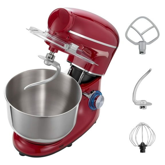 KFFKFF 6 QT Electric Kitchen Mixer with 660W Motor, Tilt-Head Design, 6 P Speeds, Includes Stainless Steel Bowl, Blender Cup, Dough Hook, Whisk, and Beater for Baking and Mixing, Red