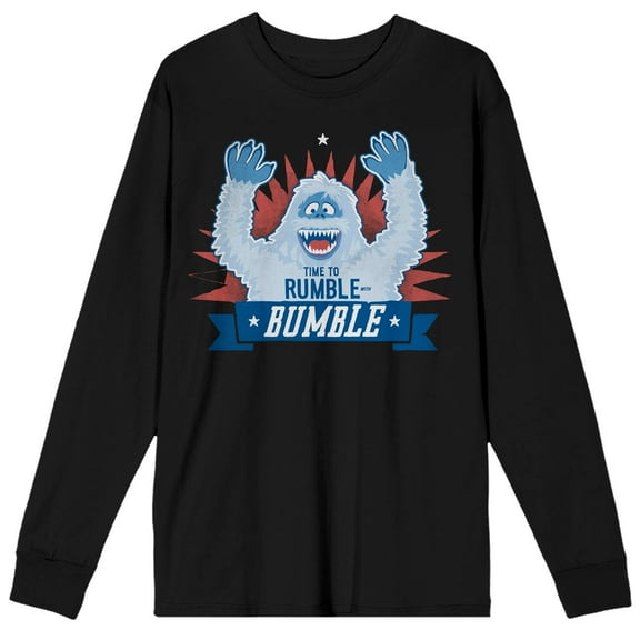 Rudolph the Red-Nosed Reindeer Time To Rumble With Bumble Men's Black Crew Neck Long Sleeve Graphic Tee-Medium
