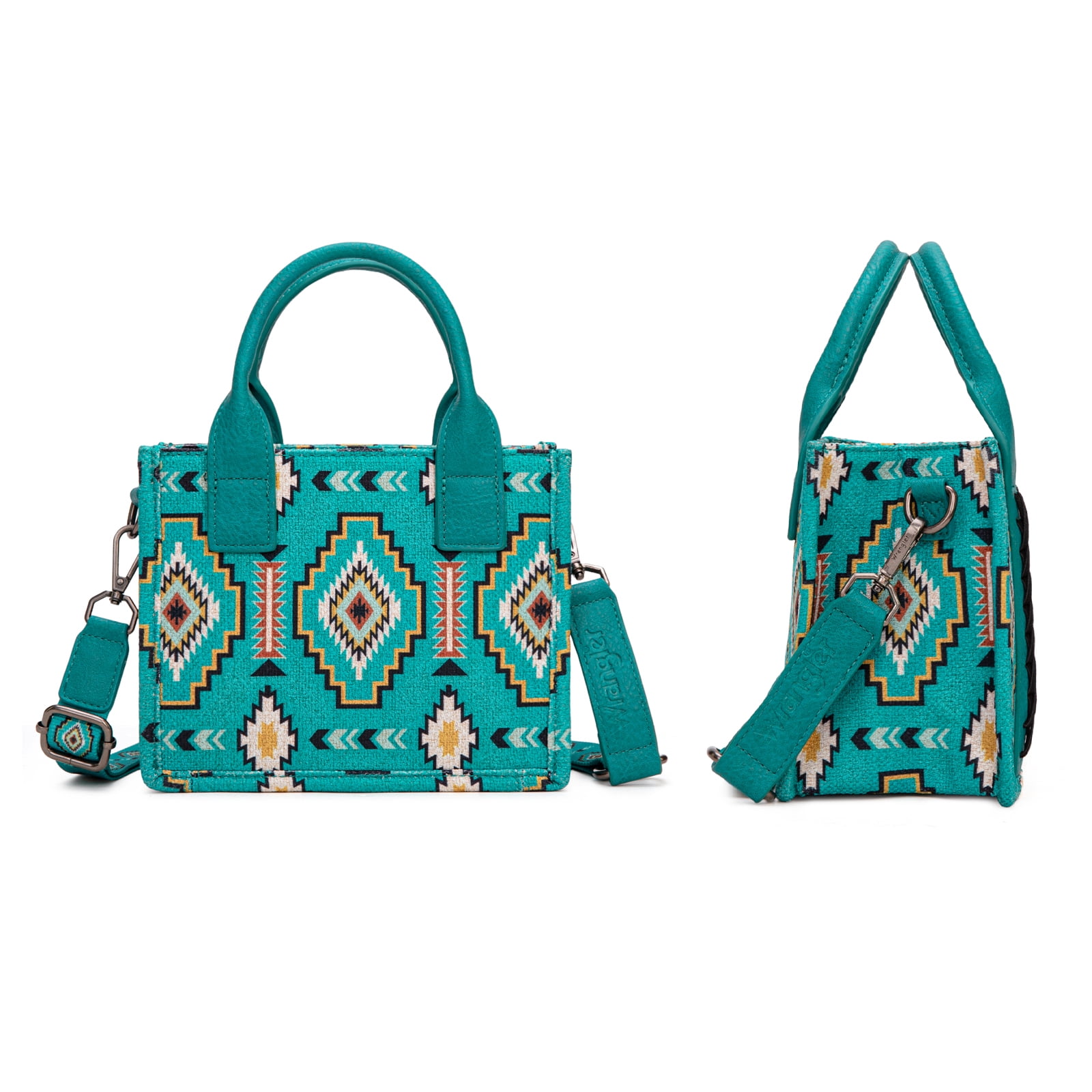 Wrangler Mini Aztec Tote Bag for Women Boho Small Top Handle Purse with Adjustable Strap, Turquoise