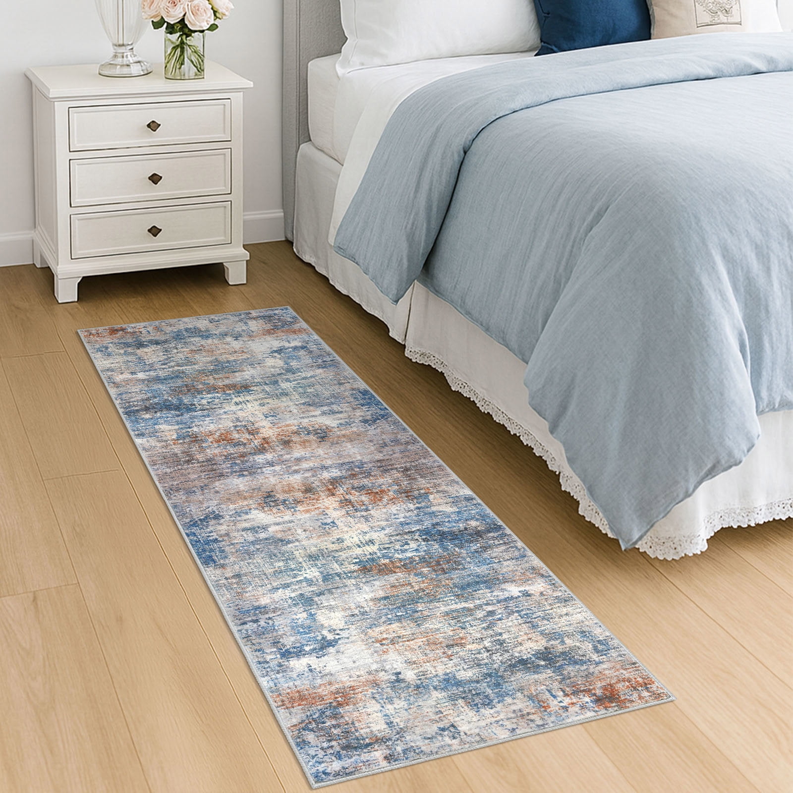 iOhouze Runner Rugs 2x6 Washable Runner Rug for Hallways Non Slip Kitchen Runner Low Pile Soft Printed Faux Wool Abstract Floor Runner for Inodoor Bedroom Entryway Laundry Room, Blue/Rust/White