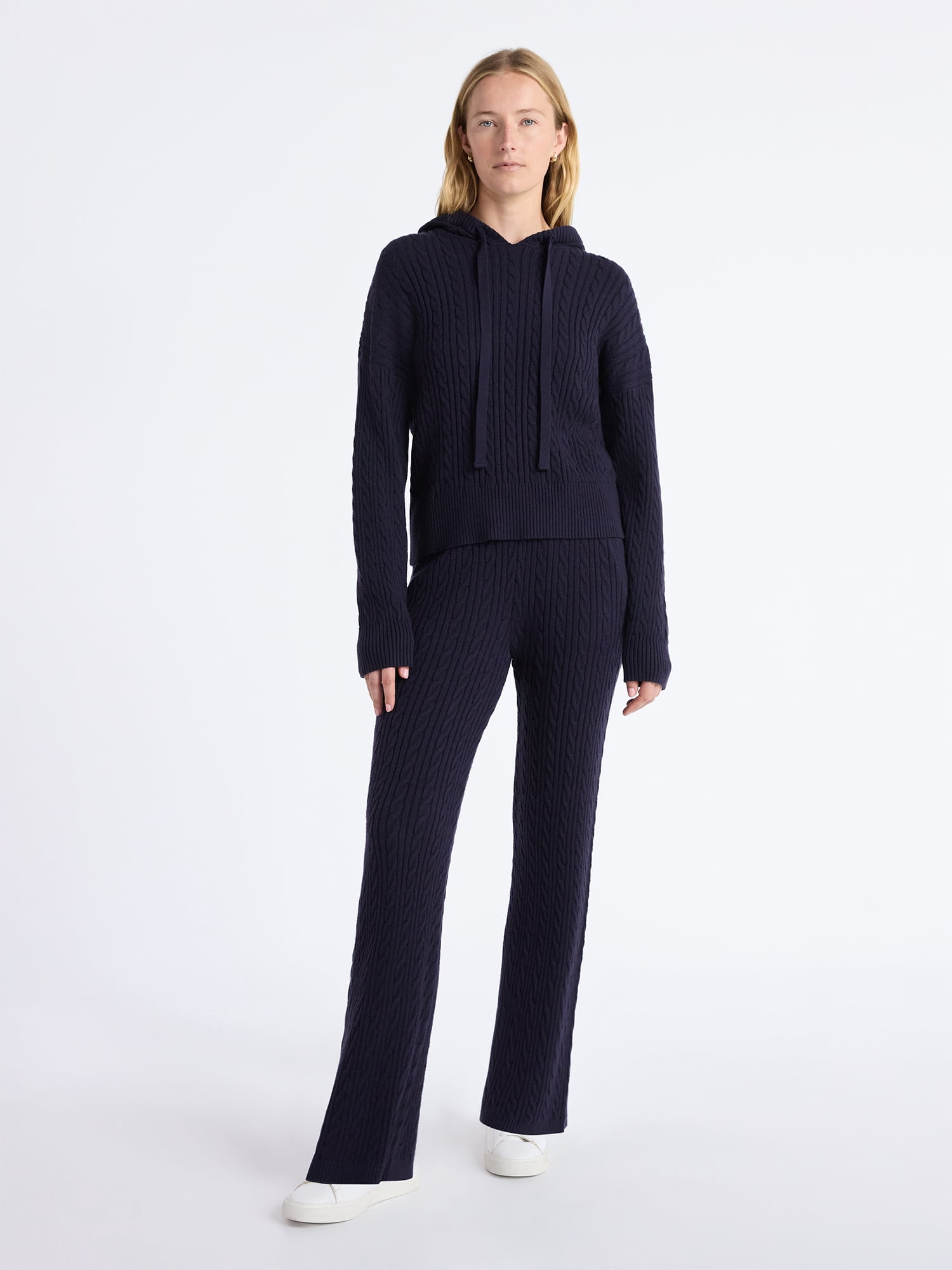 Free Assembly Women's Cozy Yarn Cable Knit Hoodie Sweater, Midweight, Size XS-XXL