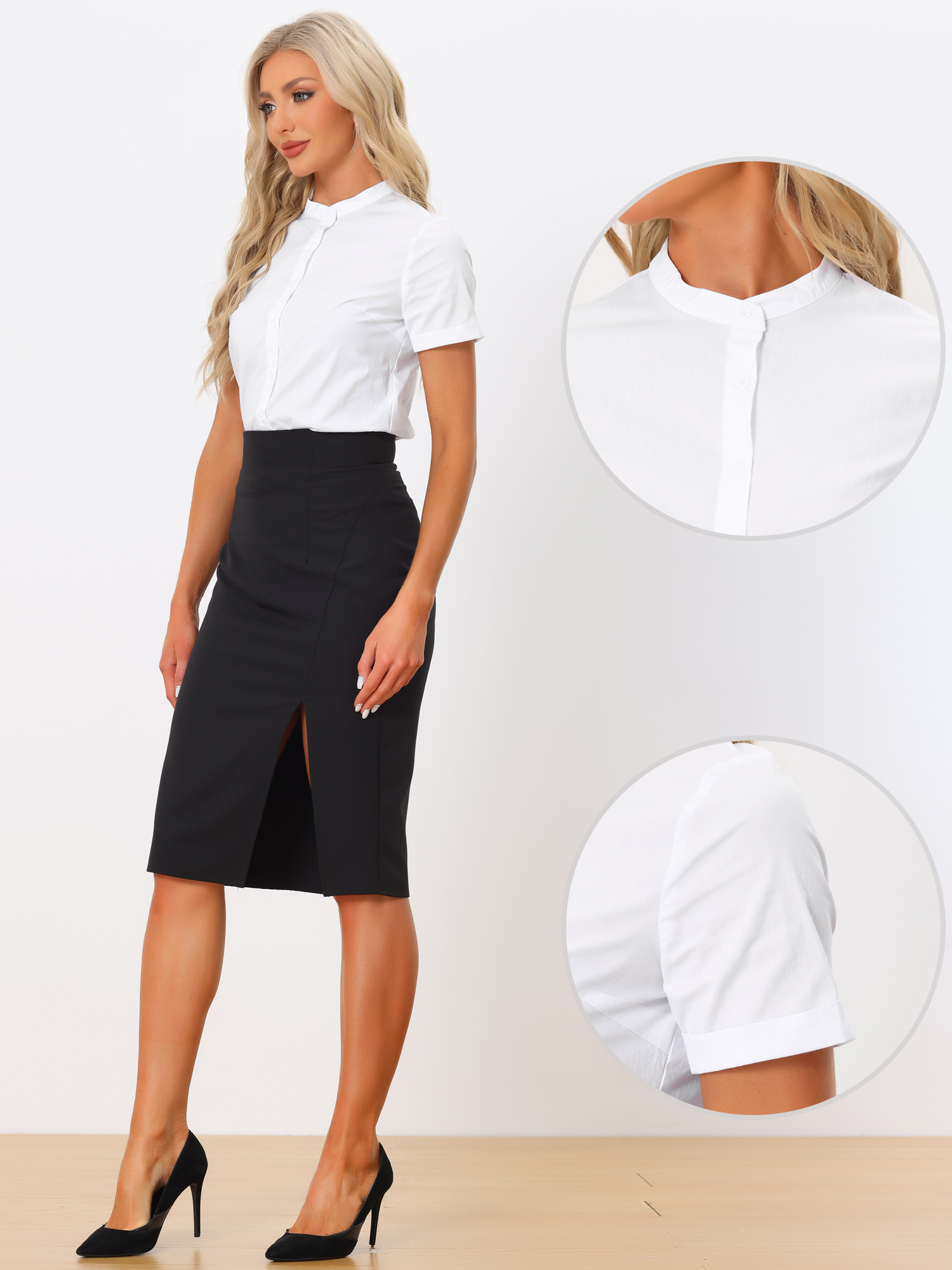 DARING DIVA Stand Collar Short Sleeve Office Work Shirt Bodysuits XL White