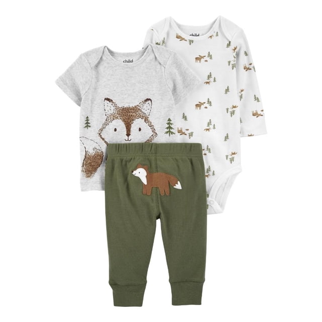 Set 3pzs c/pantalón Carter's Child of Mine Blanco Estampado Zorritos 12M con pañalero blanco manga larga estampado de zorritos y árboles, playera gris manga corta con dibujo frontal de zorro, y pantalón verde con elástico en cintura y parche de zorro en la parte trasera, prendas suaves y de secado rápido para bebé.