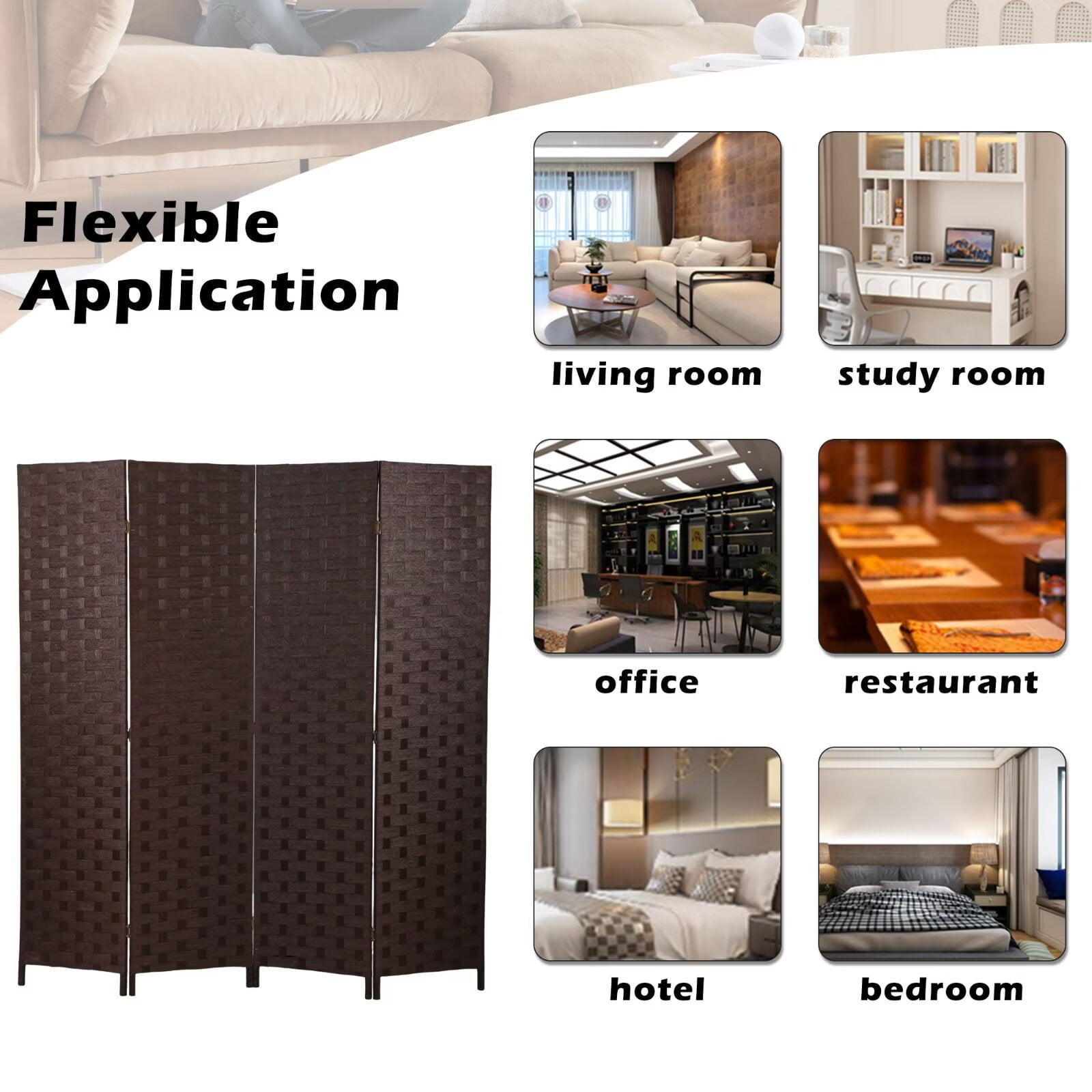 4 Panel Room Dividers Foldable Privacy Screen Decorative Indoor Screen 6TF Wooden Office Dividers Partition Wall for Home, Office, Bedroom, Brown