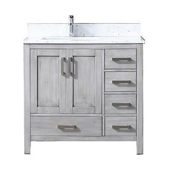 Jacques 36'' Distressed Grey Single Vanity  White Carrara Marble Top  White Square Sink and no Mirror - Right Version