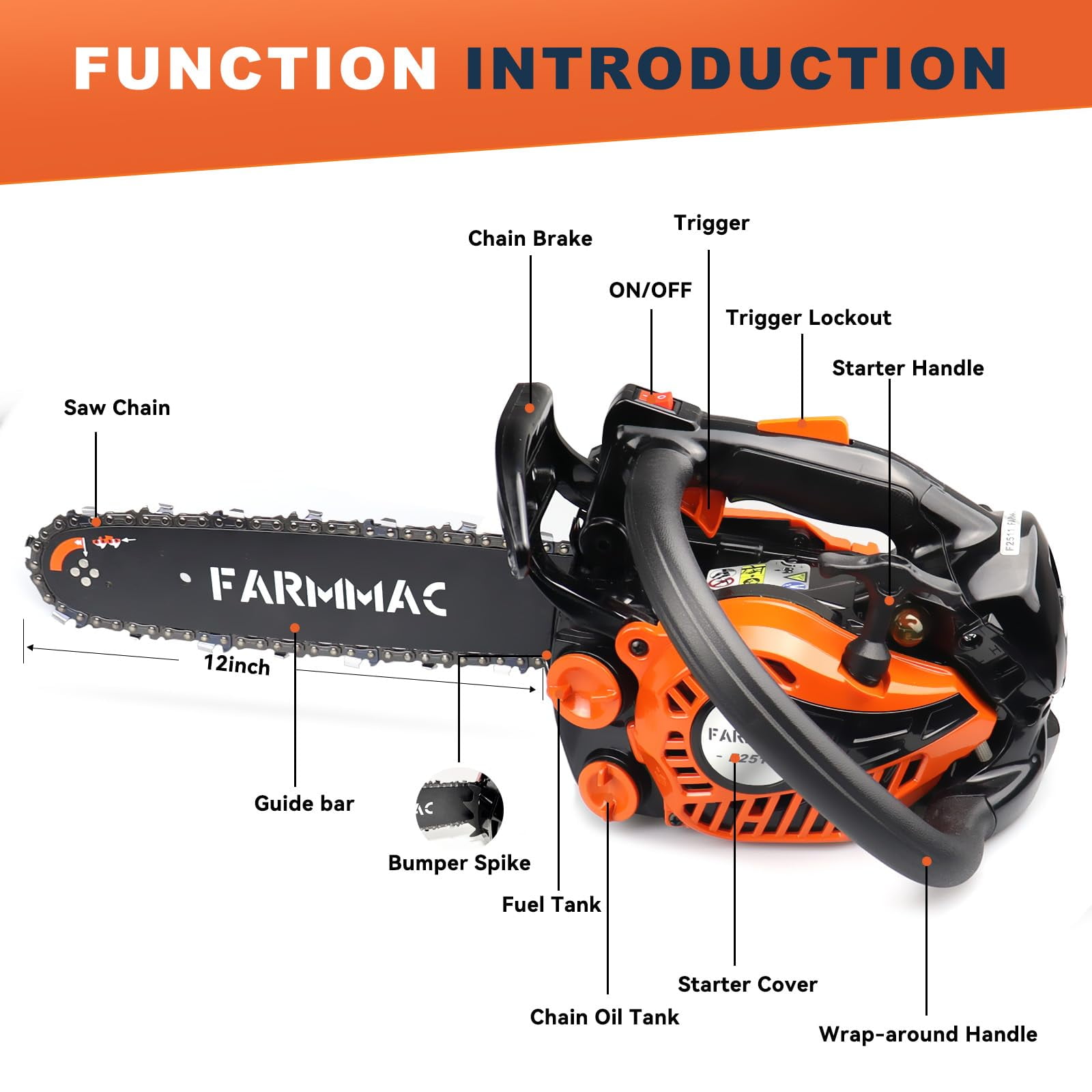 Gas Chainsaw 12'' 2-Stroke 25CC Cordless Chainsaw for Farm, Garden, Ranch, Cutting Wood/Firewood